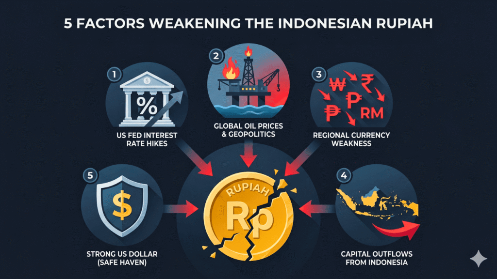 5 penyebab rupiah melemah ke Rp17.500 per dolar AS pada Mei 2026: suku bunga The Fed, geopolitik Timur Tengah, pelemahan mata uang Asia, outflow modal asing, dan permintaan safe haven dollar