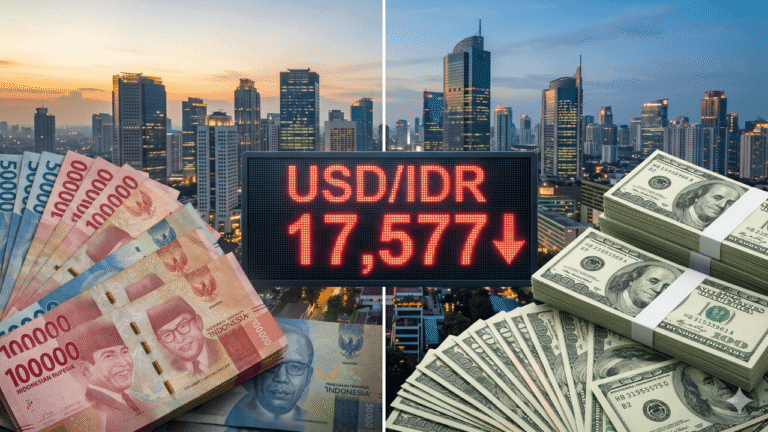 Kurs dollar ke rupiah hari ini 15 Mei 2026 menunjukkan rupiah melemah ke level Rp17.577 per USD di pasar spot interbank