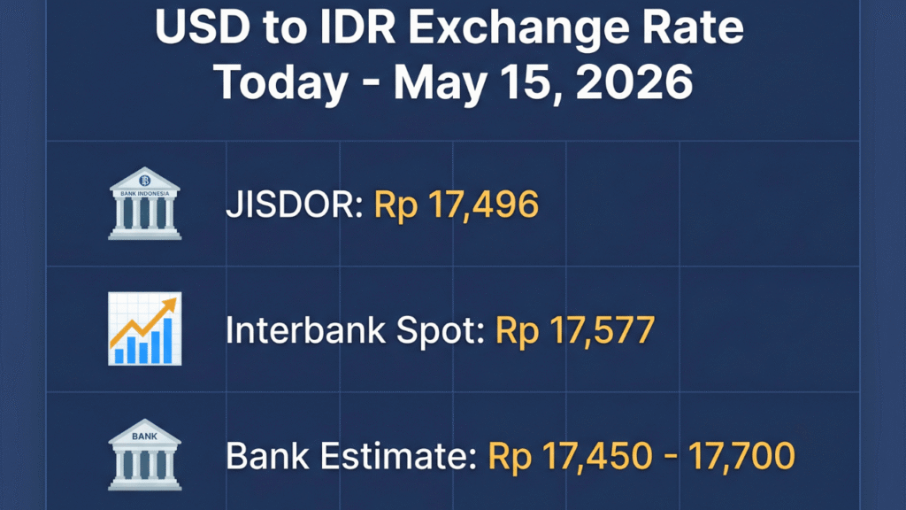 Tabel kurs dollar ke rupiah hari ini 15 Mei 2026 berdasarkan JISDOR Bank Indonesia, kurs spot interbank, dan estimasi kurs bank umum